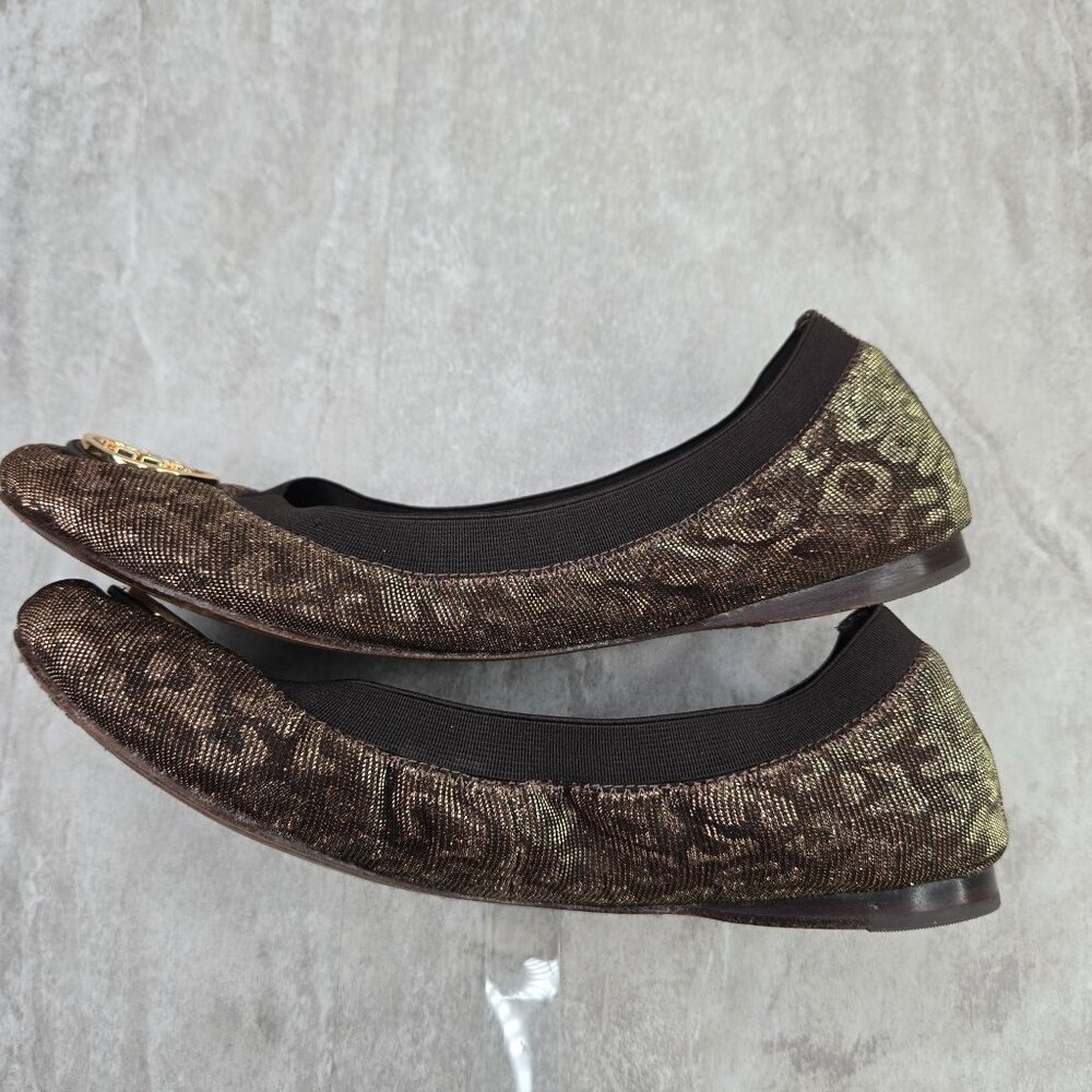 Tory Burch Ballet Flats Size 8 Animal Print Metallic Dressy Logo Ballerina Shoes - Picture 7 of 11